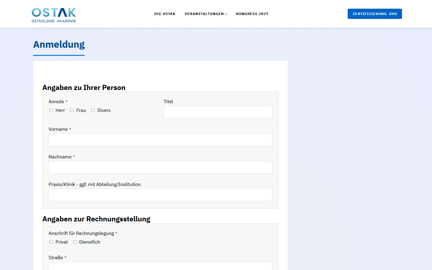 Website von OSTAK Osteologie Akademie – Desktopansicht: Anmeldung
