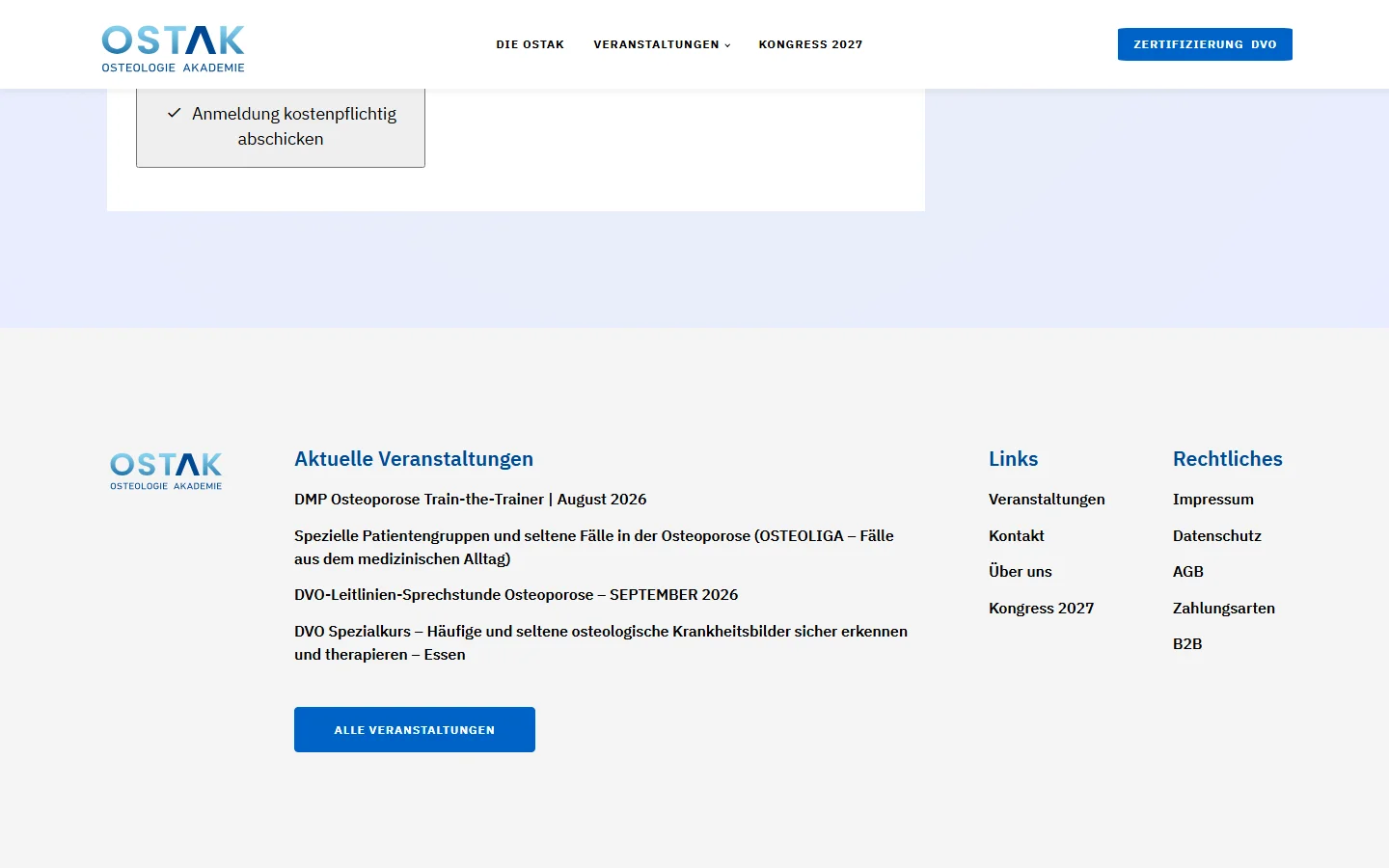 Website von OSTAK Osteologie Akademie – Desktopansicht: DMP Osteoporose Train-the-Trainer