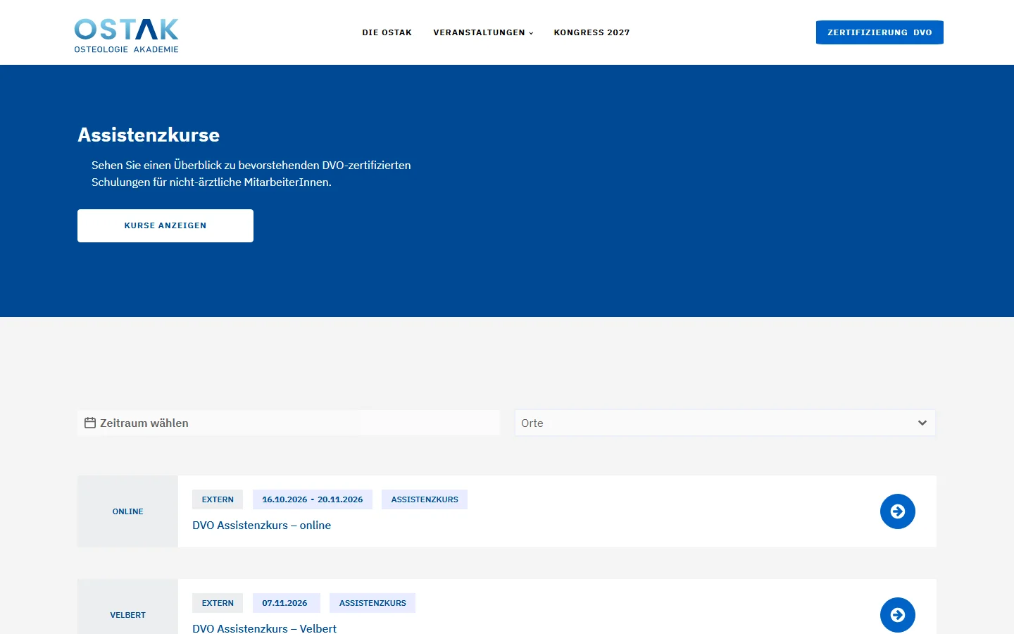 Website von OSTAK Osteologie Akademie – Desktopansicht: Assistenzkurse