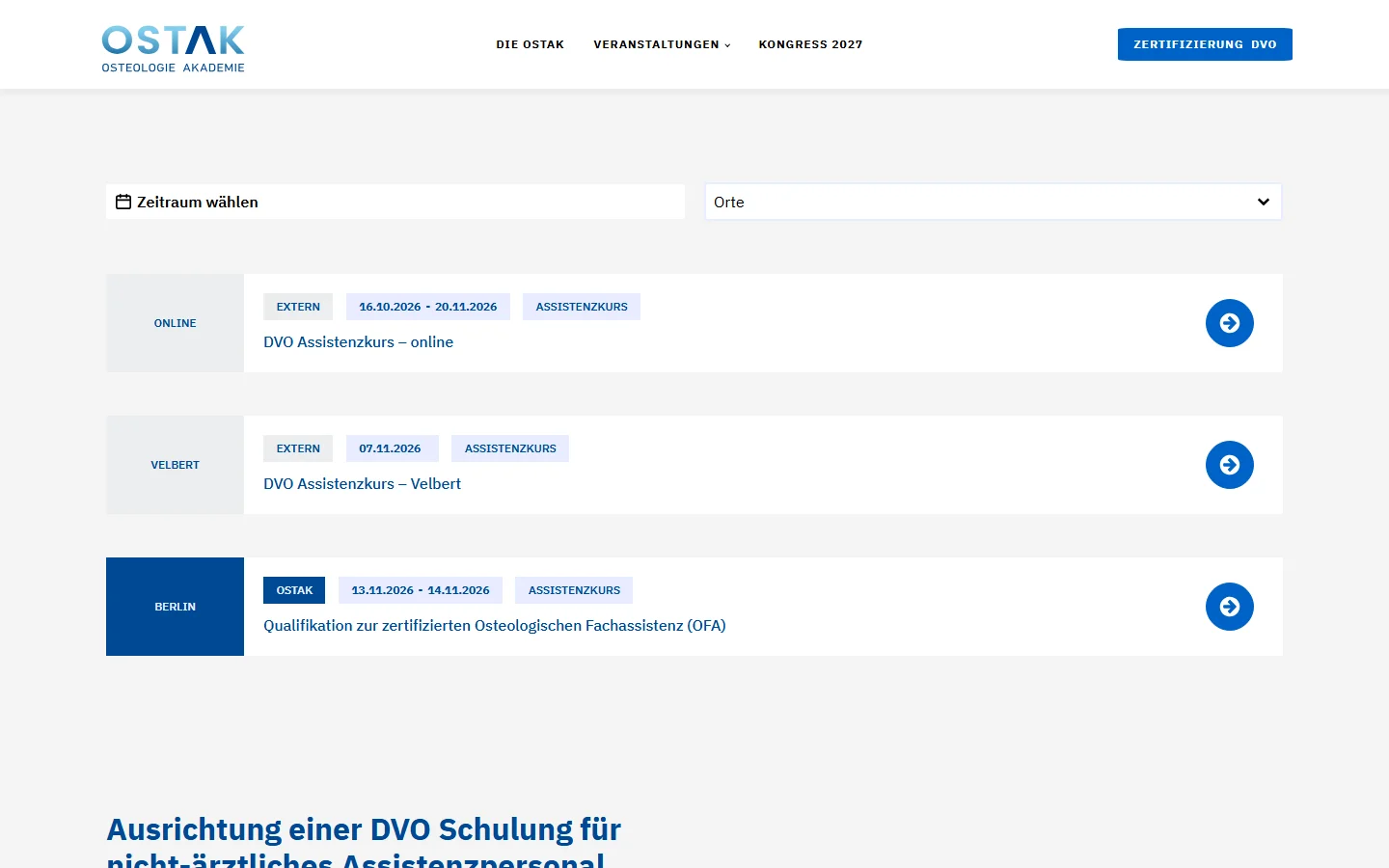 Website von OSTAK Osteologie Akademie – Desktopansicht: DVO Assistenzkurs – online