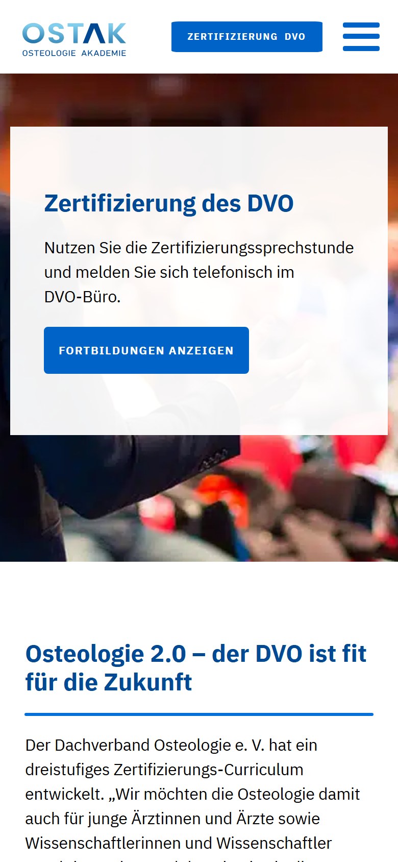 Website von OSTAK Osteologie Akademie GmbH – Handyansicht: Zertifizierung der DVO
