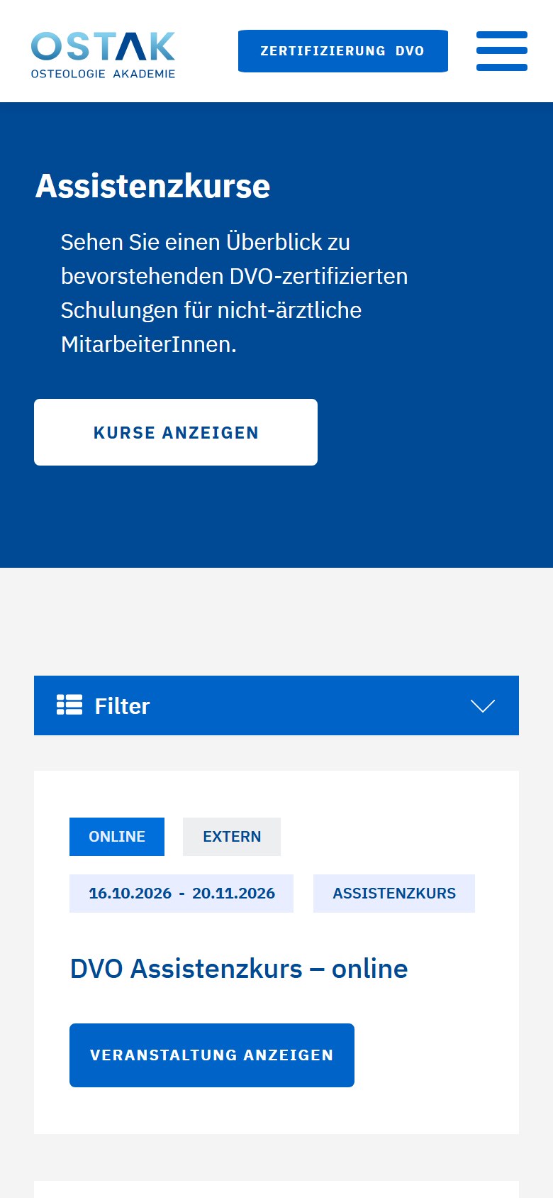 Website von OSTAK Osteologie Akademie GmbH – Handyansicht: Assistenzkurse