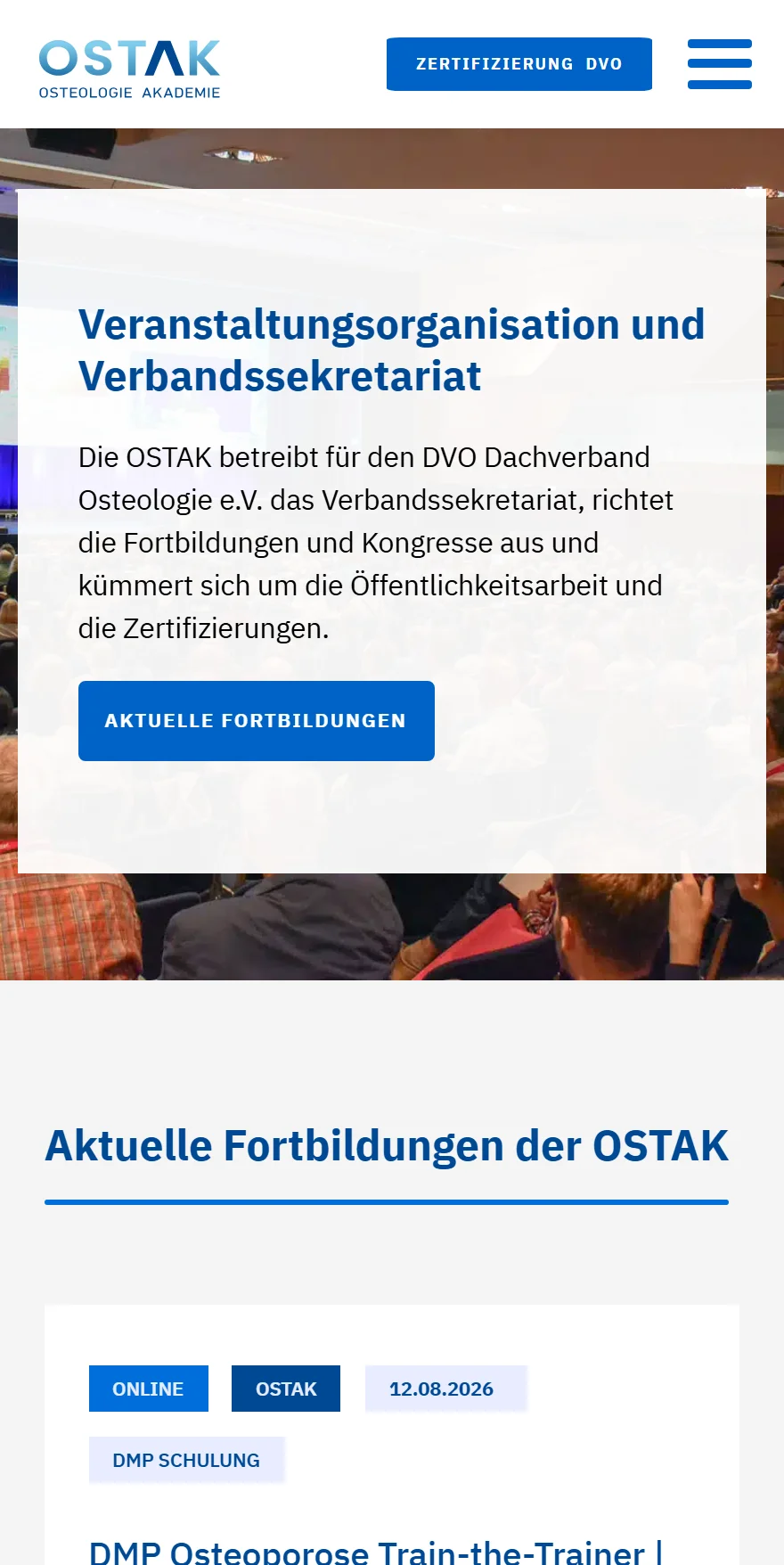 Website von OSTAK Osteologie Akademie – Handyansicht: Leistungen der OSTAK