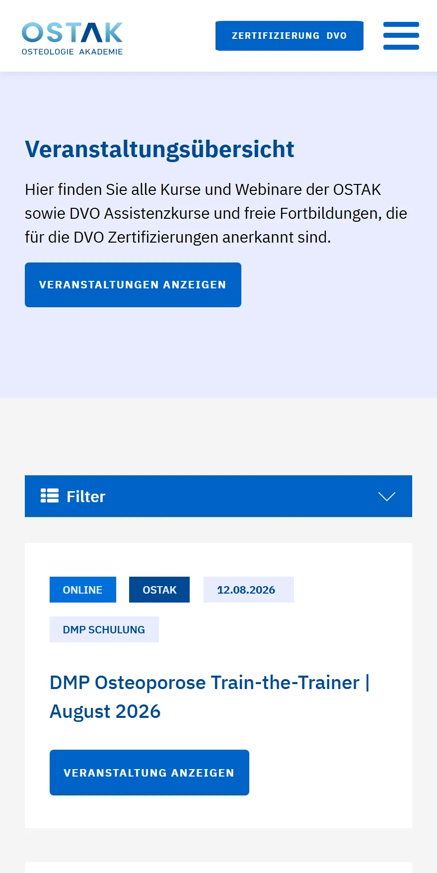 Website von OSTAK Osteologie Akademie – Handyansicht: Veranstaltungsübersicht