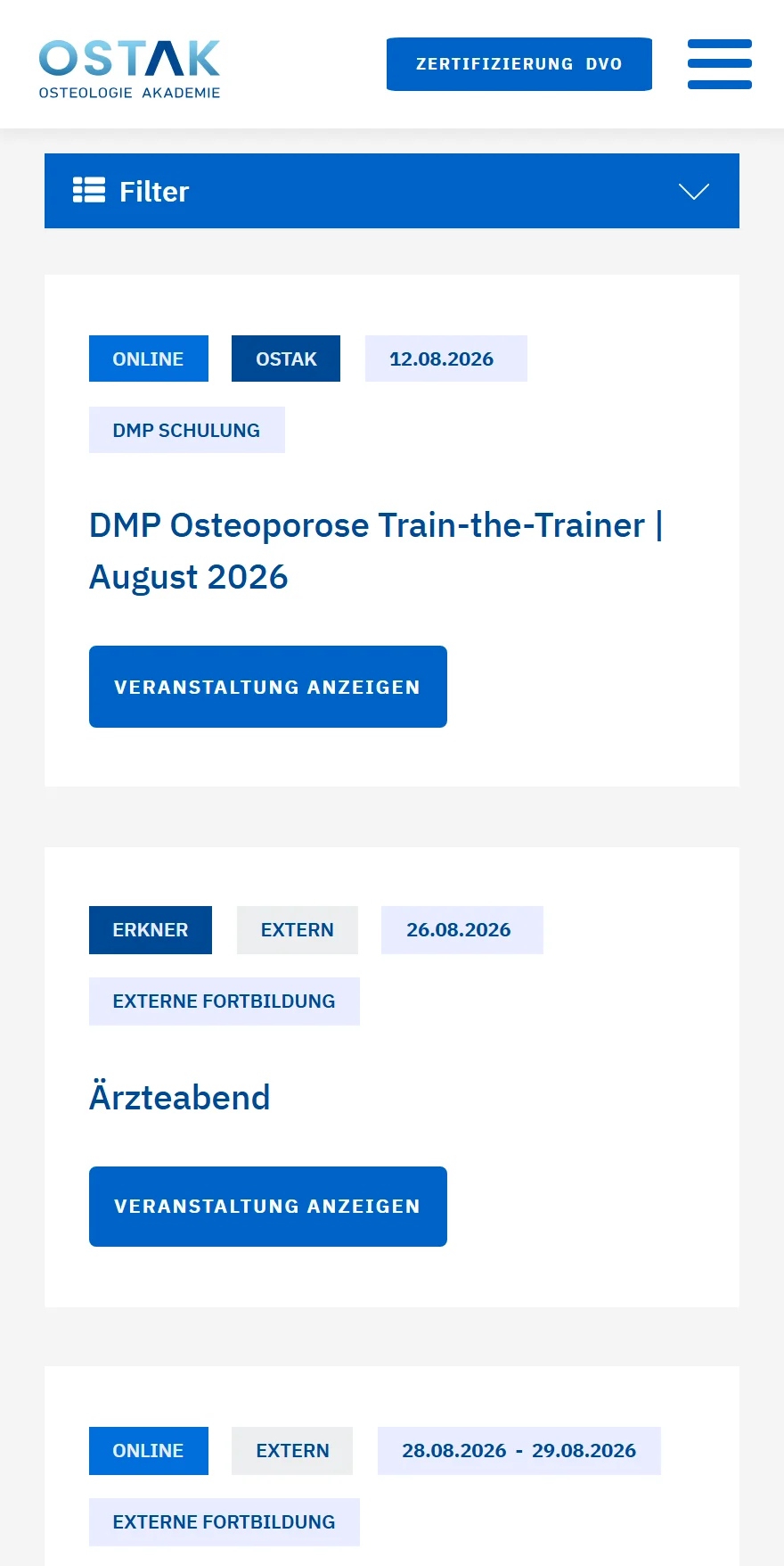 Website von OSTAK Osteologie Akademie – Handyansicht: DMP Osteoporose Train-the-Trainer | August 2026