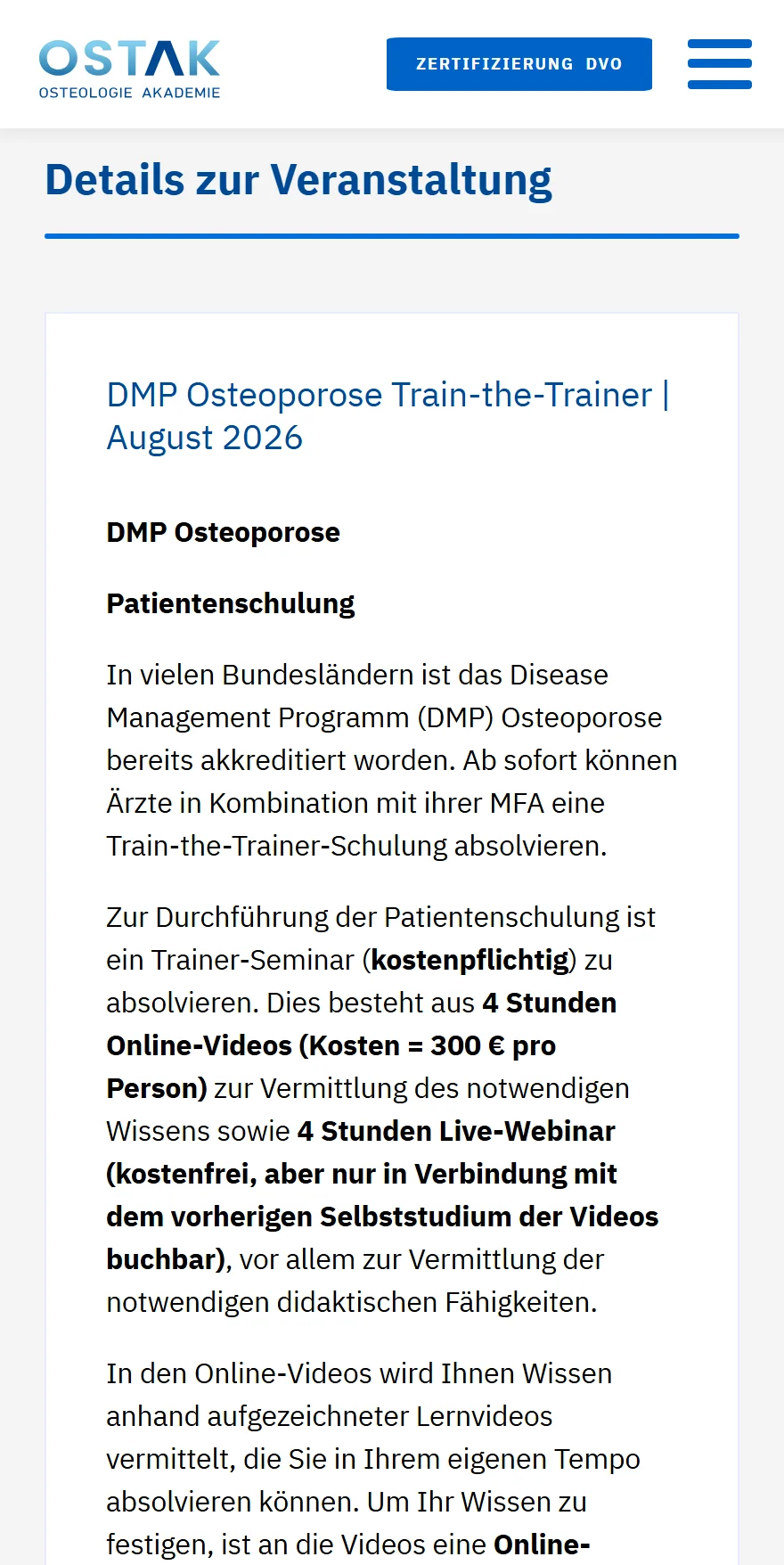 Website von OSTAK Osteologie Akademie – Handyansicht: Details zur Veranstaltung