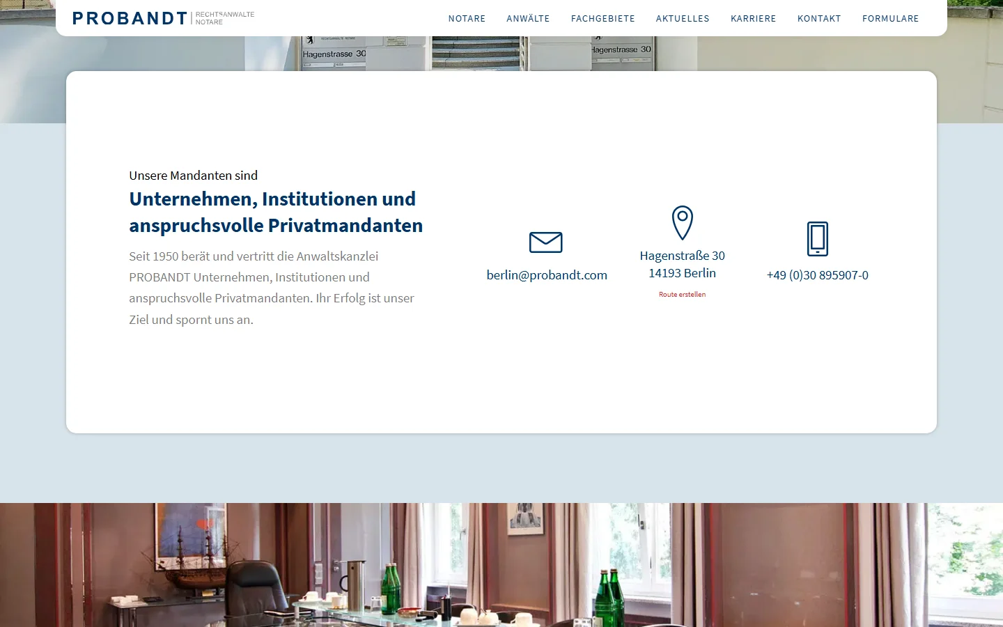 Website von PROBANDT Rechtsanwälte und Notare – Desktopansicht: Unternehmen, Institutionen und anspruchsvolle Privatmandanten