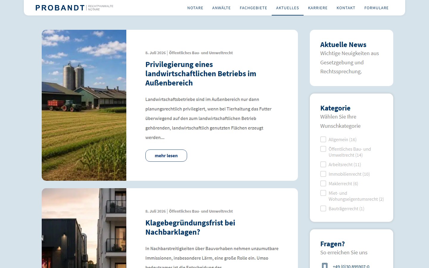 Website von PROBANDT Rechtsanwälte und Notare – Desktopansicht: Aktuelles
