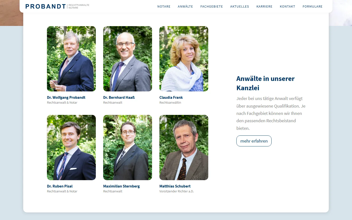 Website von PROBANDT Rechtsanwälte und Notare – Desktopansicht: Dr. Wolfgang Probandt