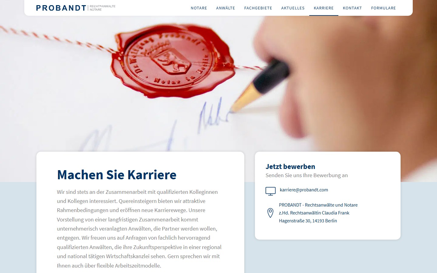 Website von PROBANDT Rechtsanwälte und Notare – Desktopansicht: Karriere