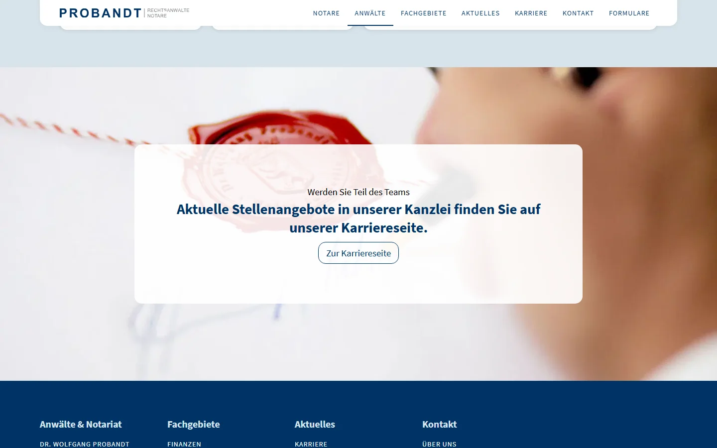 Website von PROBANDT Rechtsanwälte und Notare – Desktopansicht: Aktuelle Stellenangebote in unserer Kanzlei finden Sie auf unserer Kar
