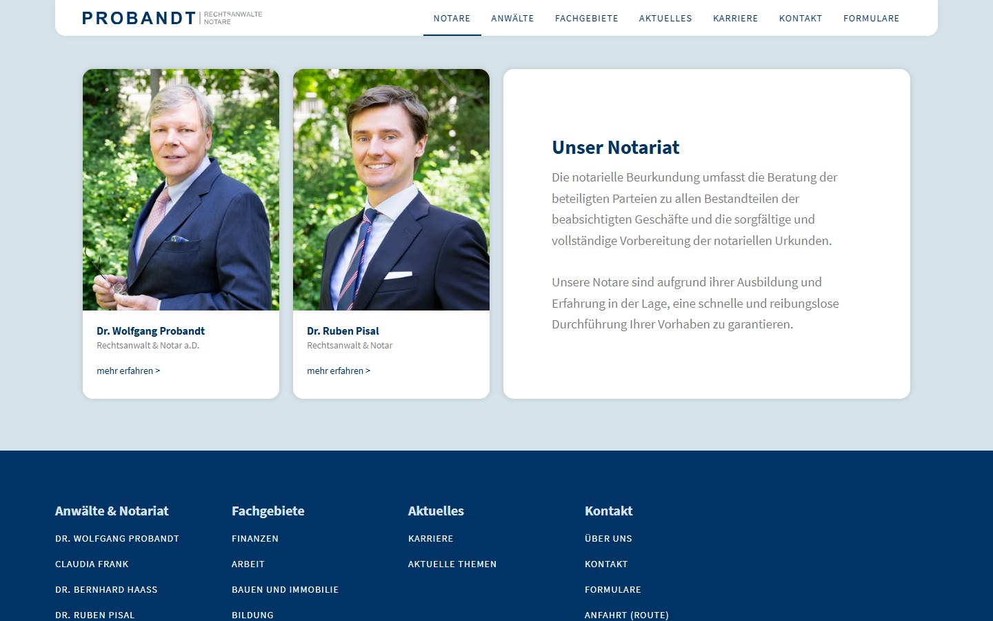 Website von PROBANDT Rechtsanwälte und Notare – Desktopansicht: Notare