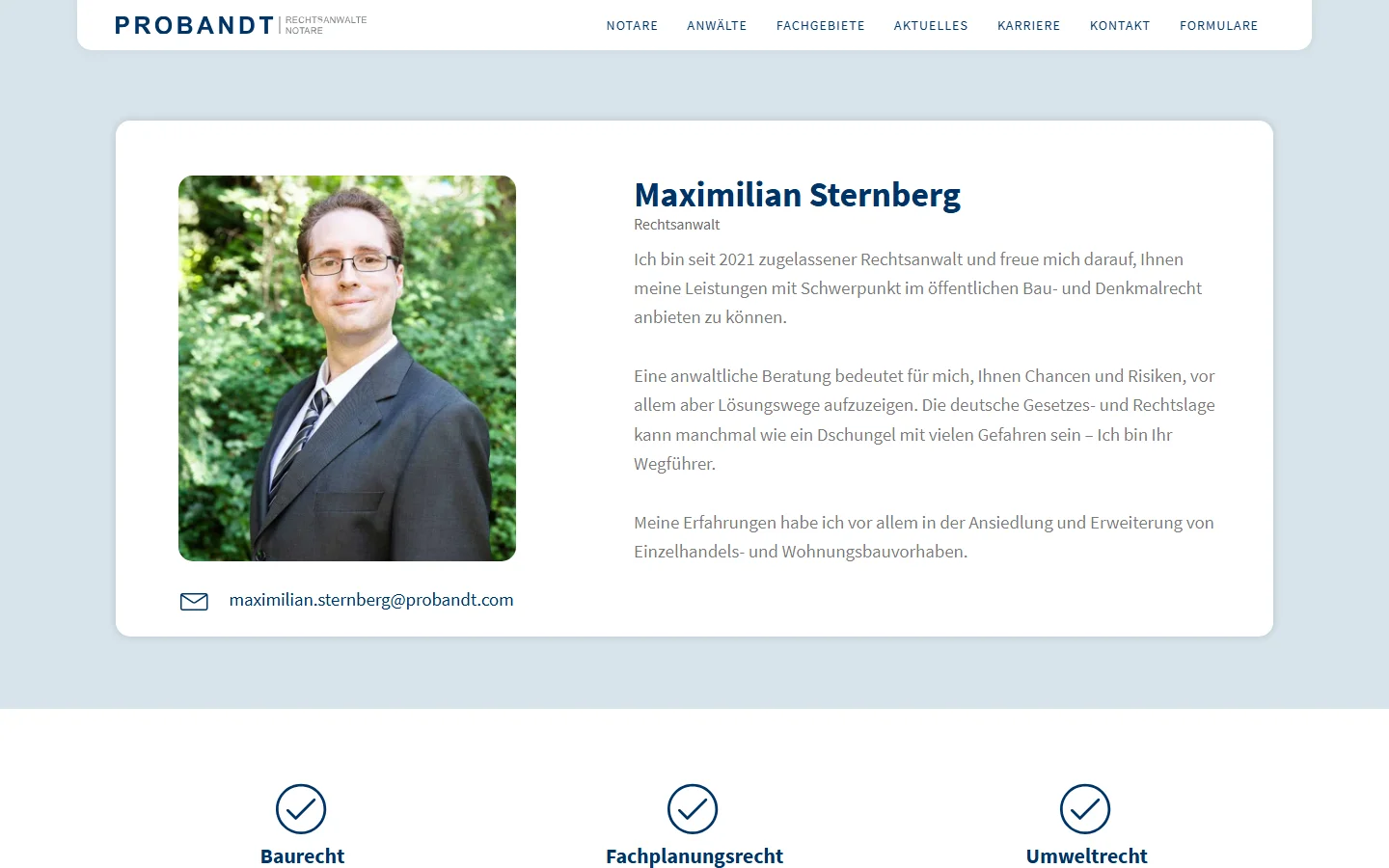 Website von PROBANDT Rechtsanwälte und Notare – Desktopansicht: Maximilian Sternberg