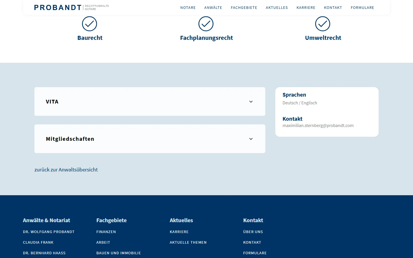 Website von PROBANDT Rechtsanwälte und Notare – Desktopansicht: Maximilian Sternberg (weiterer Abschnitt)