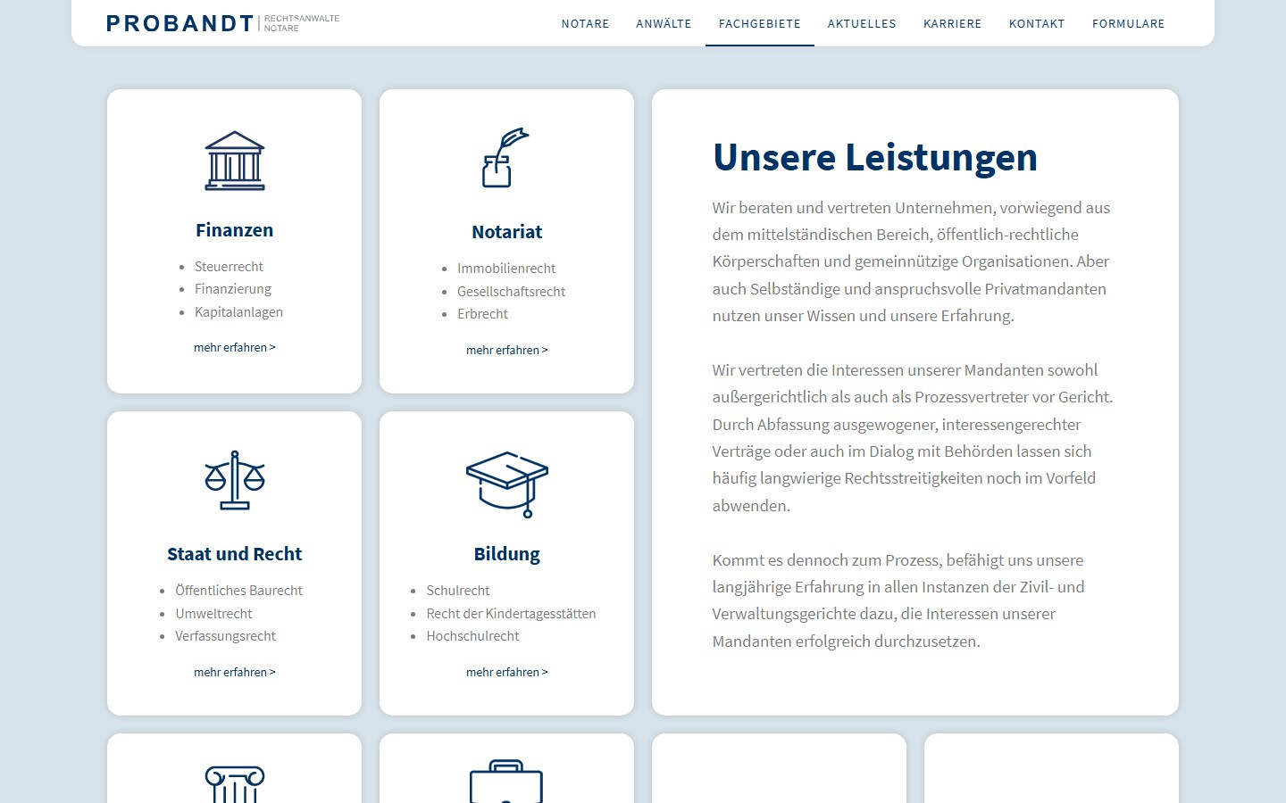 Website von PROBANDT Rechtsanwälte und Notare – Desktopansicht: Fachgebiete