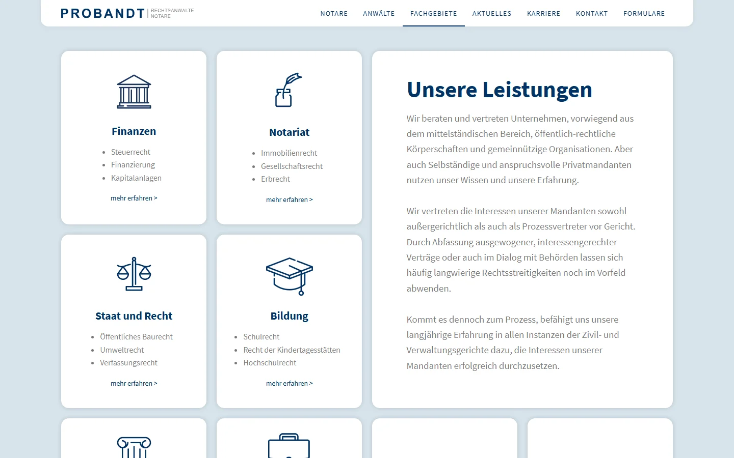 Website von PROBANDT Rechtsanwälte und Notare – Desktopansicht: Finanzen