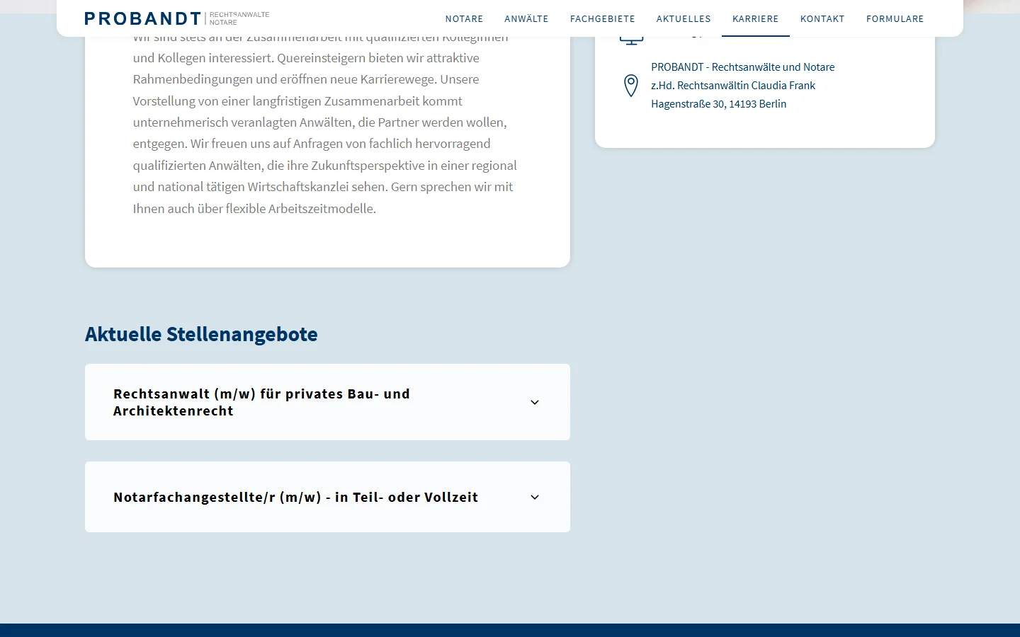 Website von PROBANDT Rechtsanwälte und Notare – Desktopansicht: Machen Sie Karriere