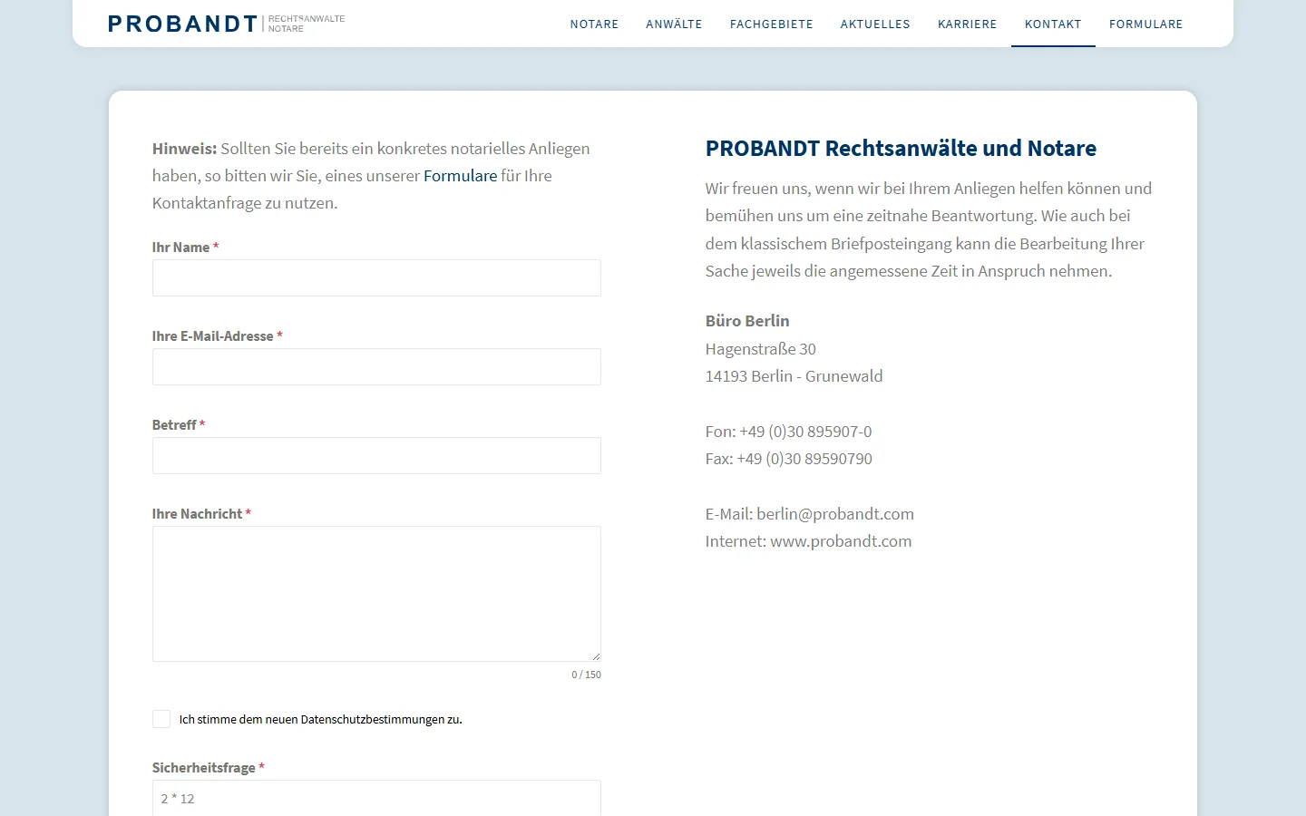 Website von PROBANDT Rechtsanwälte und Notare – Desktopansicht: Kontakt