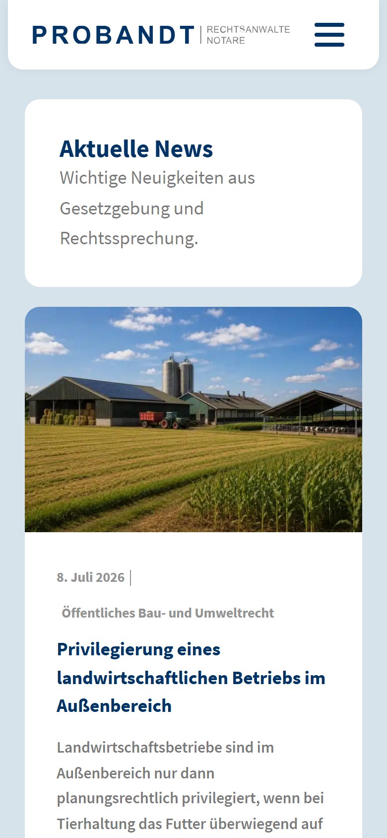 Website von PROBANDT Rechtsanwälte und Notare – Handyansicht: Aktuelles