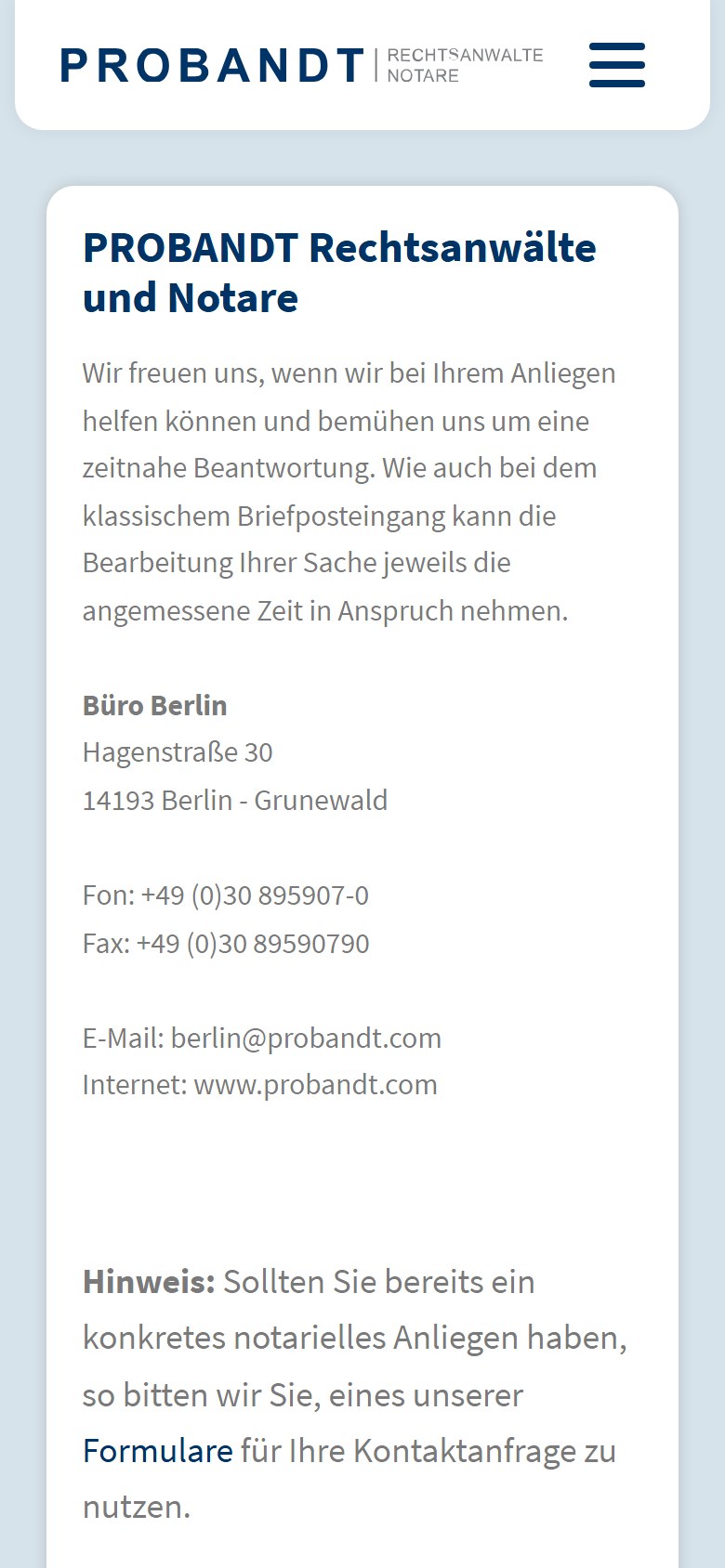 Website von PROBANDT Rechtsanwälte und Notare – Handyansicht: Kontakt