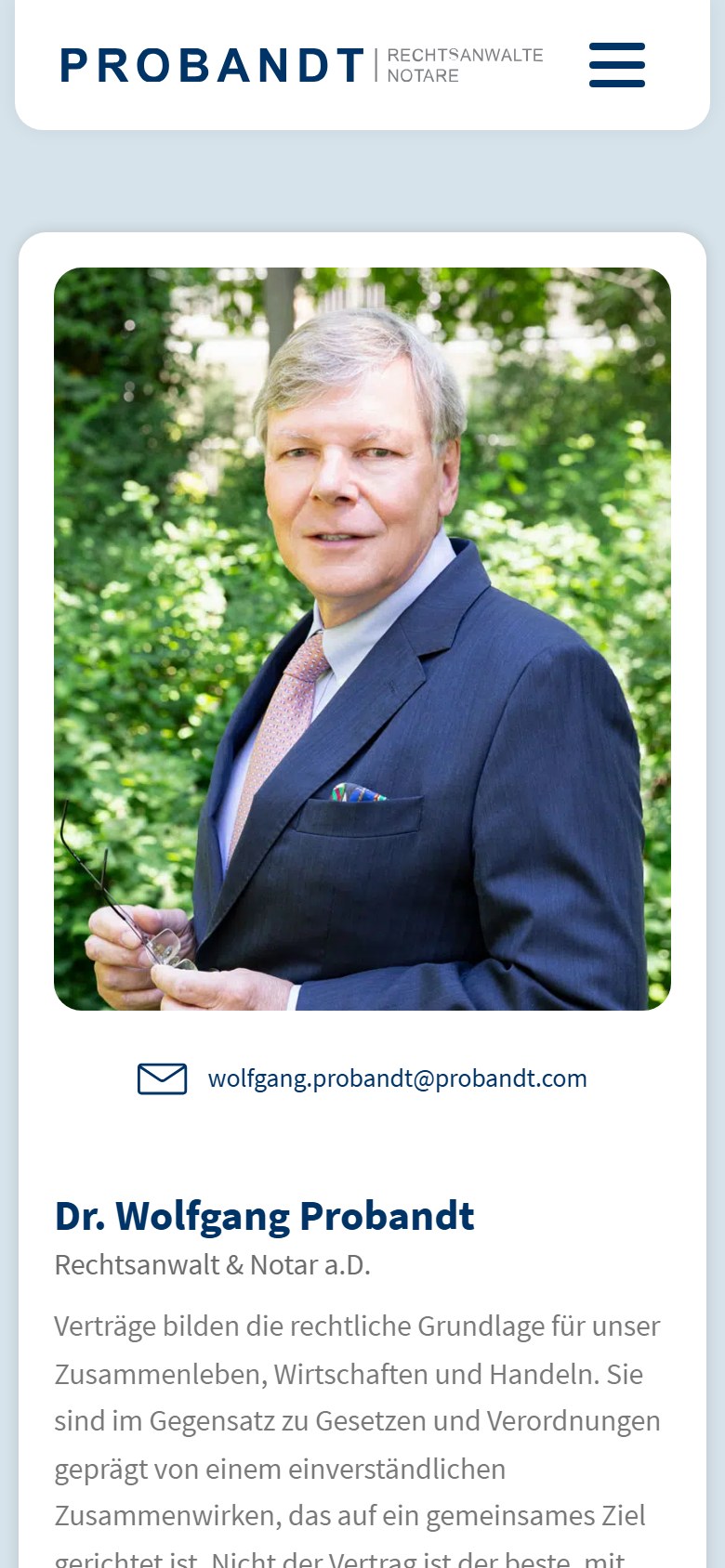 Website von PROBANDT Rechtsanwälte und Notare – Handyansicht: Dr. Wolfgang Probandt