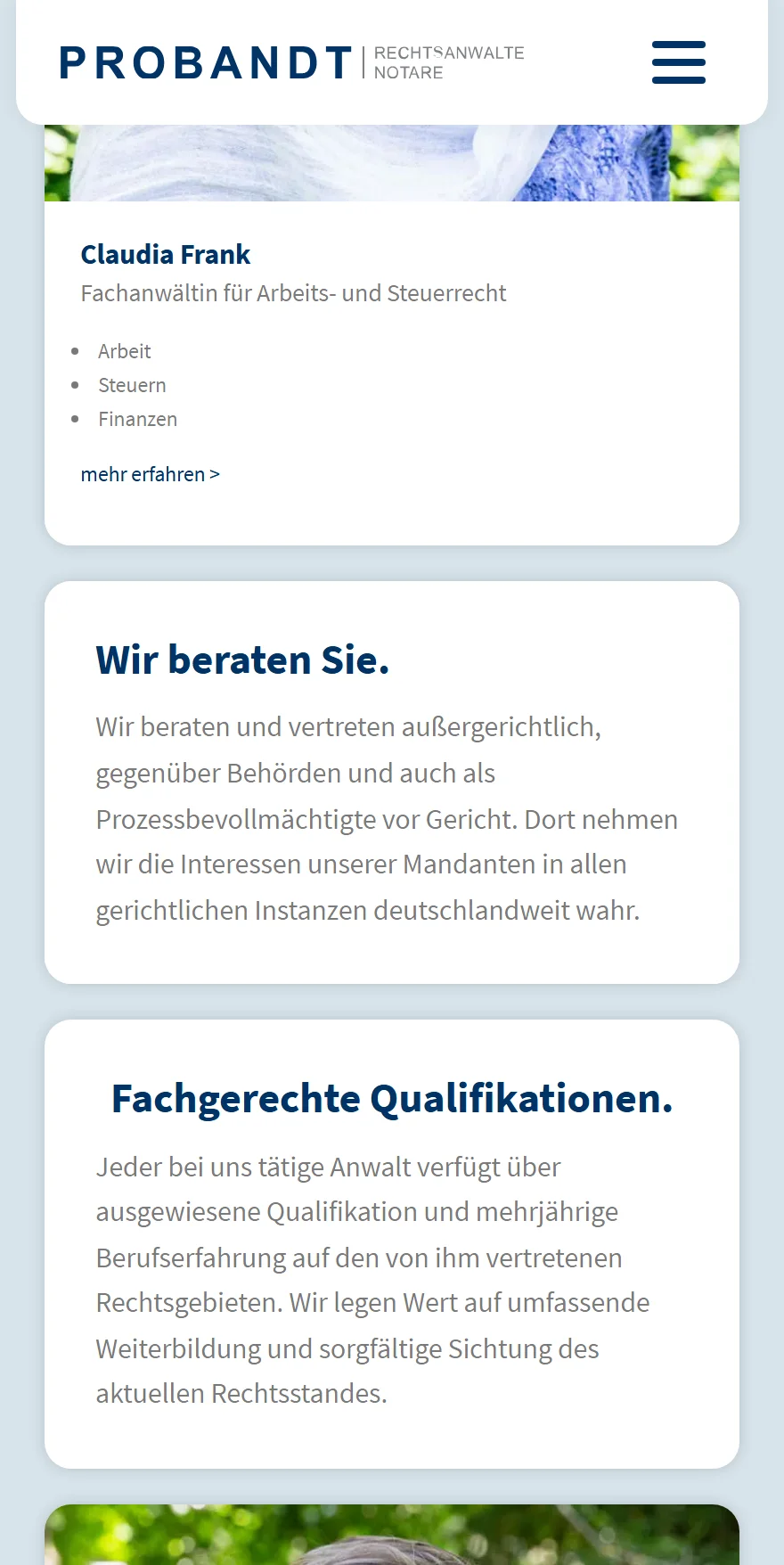 Website von PROBANDT Rechtsanwälte und Notare – Handyansicht: Wir beraten Sie.