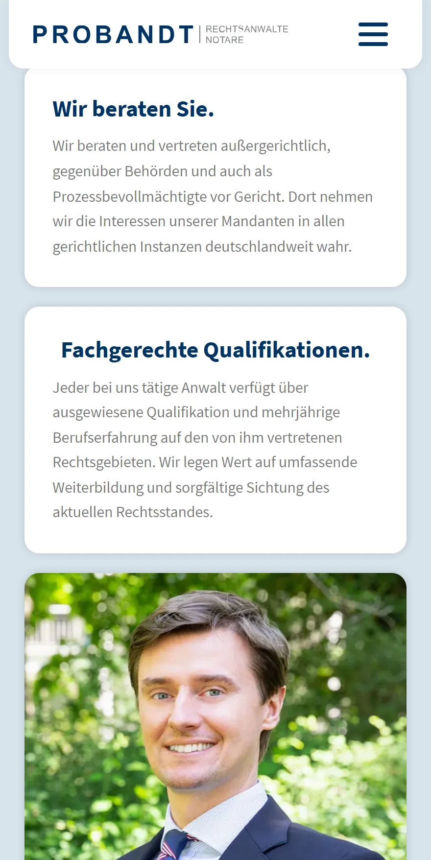 Website von PROBANDT Rechtsanwälte und Notare – Handyansicht: Fachgerechte Qualifikationen.