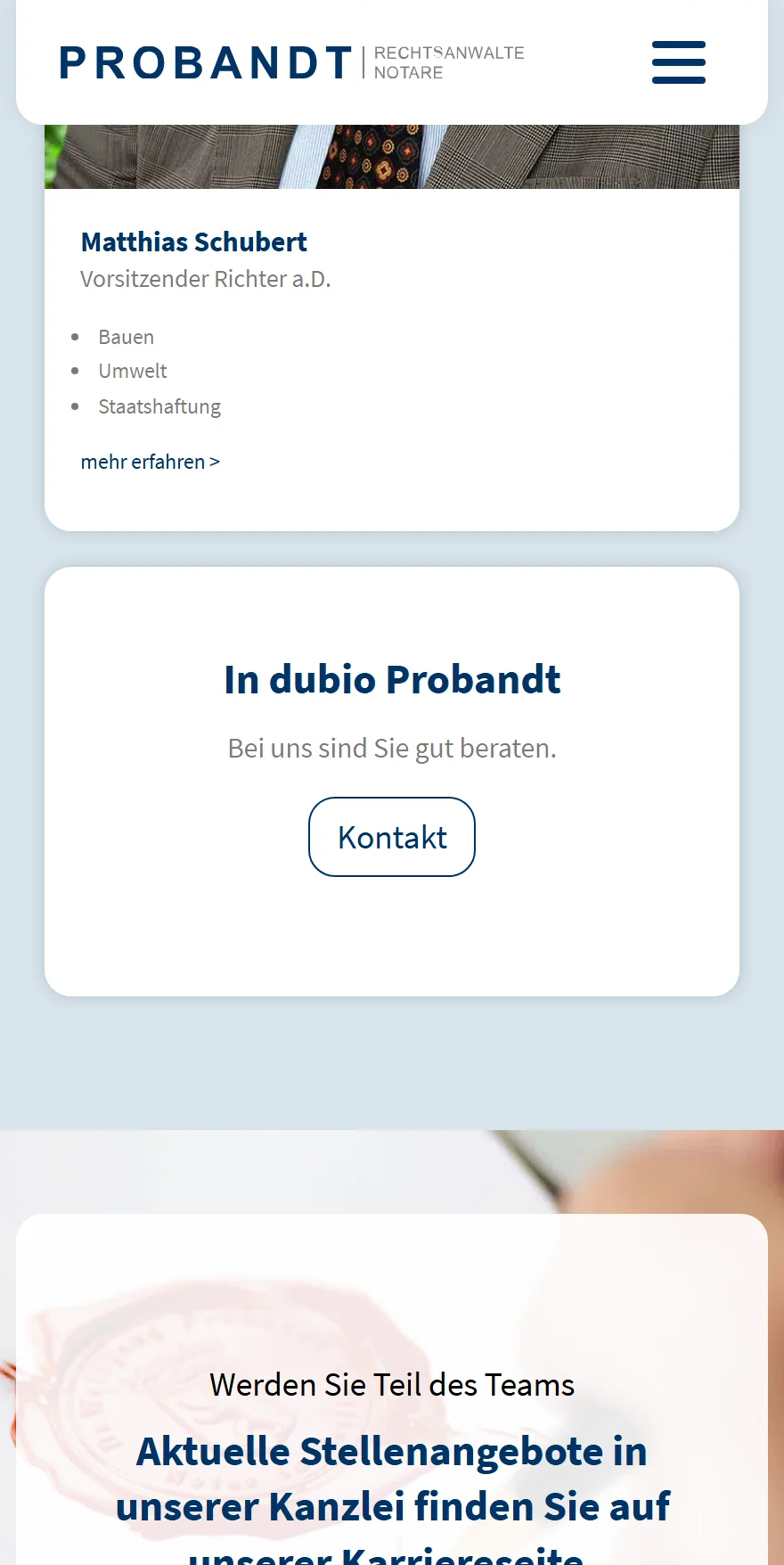 Website von PROBANDT Rechtsanwälte und Notare – Handyansicht: In dubio Probandt