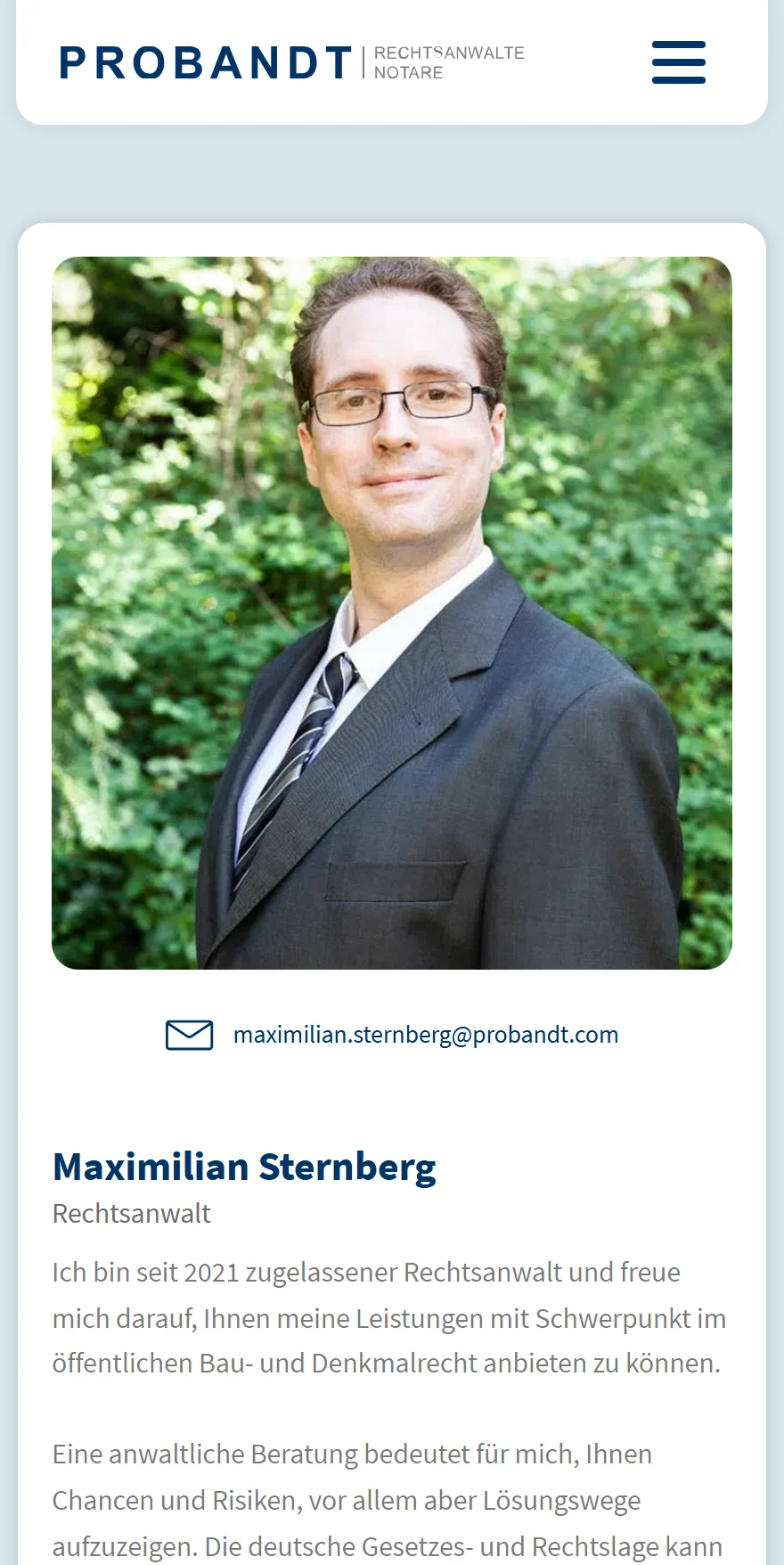 Website von PROBANDT Rechtsanwälte und Notare – Handyansicht: Maximilian Sternberg