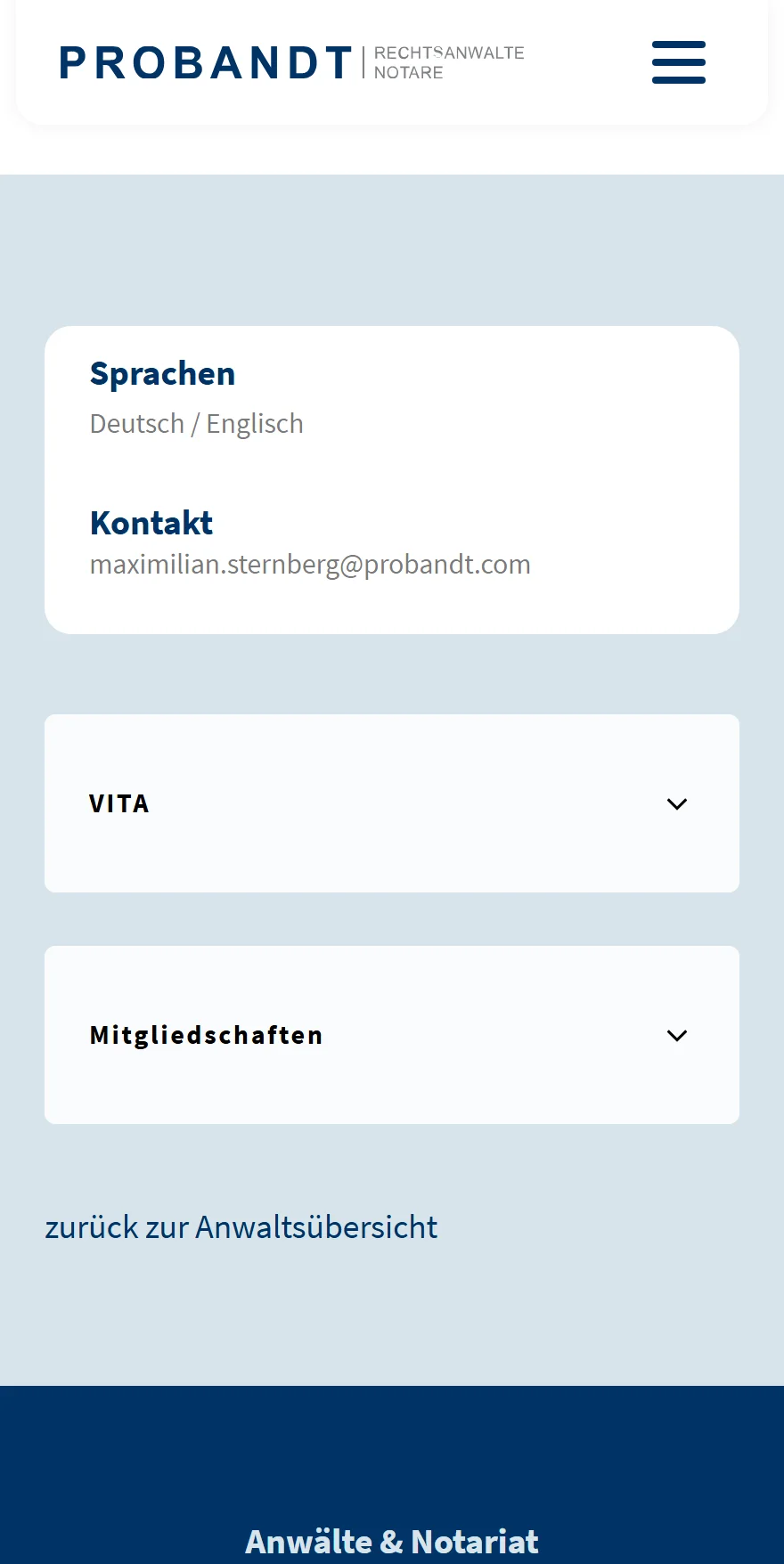 Website von PROBANDT Rechtsanwälte und Notare – Handyansicht: Maximilian Sternberg (weiterer Abschnitt)