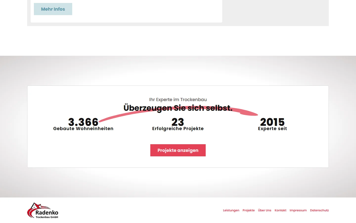 Website von Radenko Trockenbau GmbH – Desktopansicht: Ihr Experte im Trockenbau