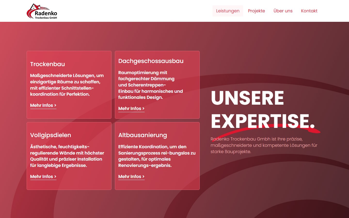 Website von Radenko Trockenbau GmbH – Desktopansicht: Leistungen