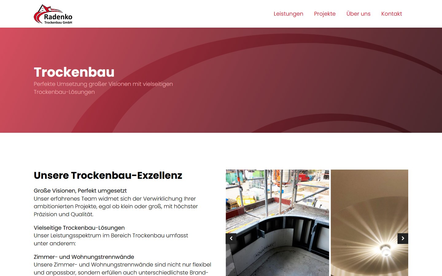 Website von Radenko Trockenbau GmbH – Desktopansicht: Trockenbau