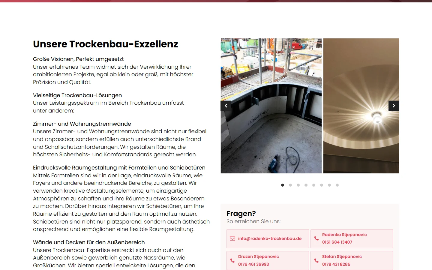 Website von Radenko Trockenbau GmbH – Desktopansicht: Unsere Trockenbau-Exzellenz