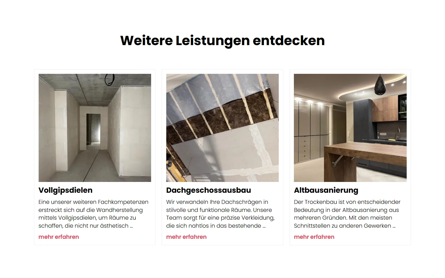 Website von Radenko Trockenbau GmbH – Desktopansicht: Weitere Leistungen entdecken