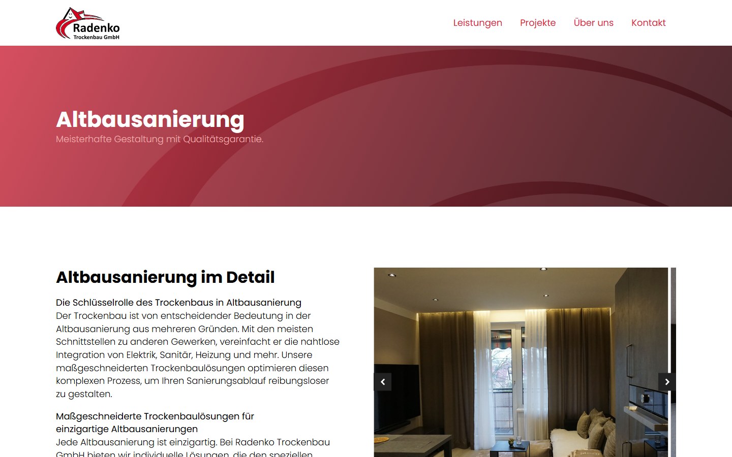 Website von Radenko Trockenbau GmbH – Desktopansicht: Altbausanierung