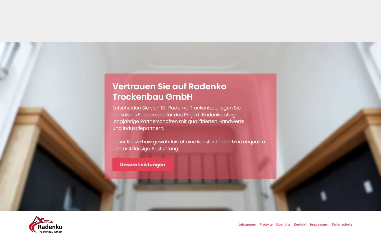 Website von Radenko Trockenbau GmbH – Desktopansicht: Vertrauen Sie auf Radenko Trockenbau GmbH