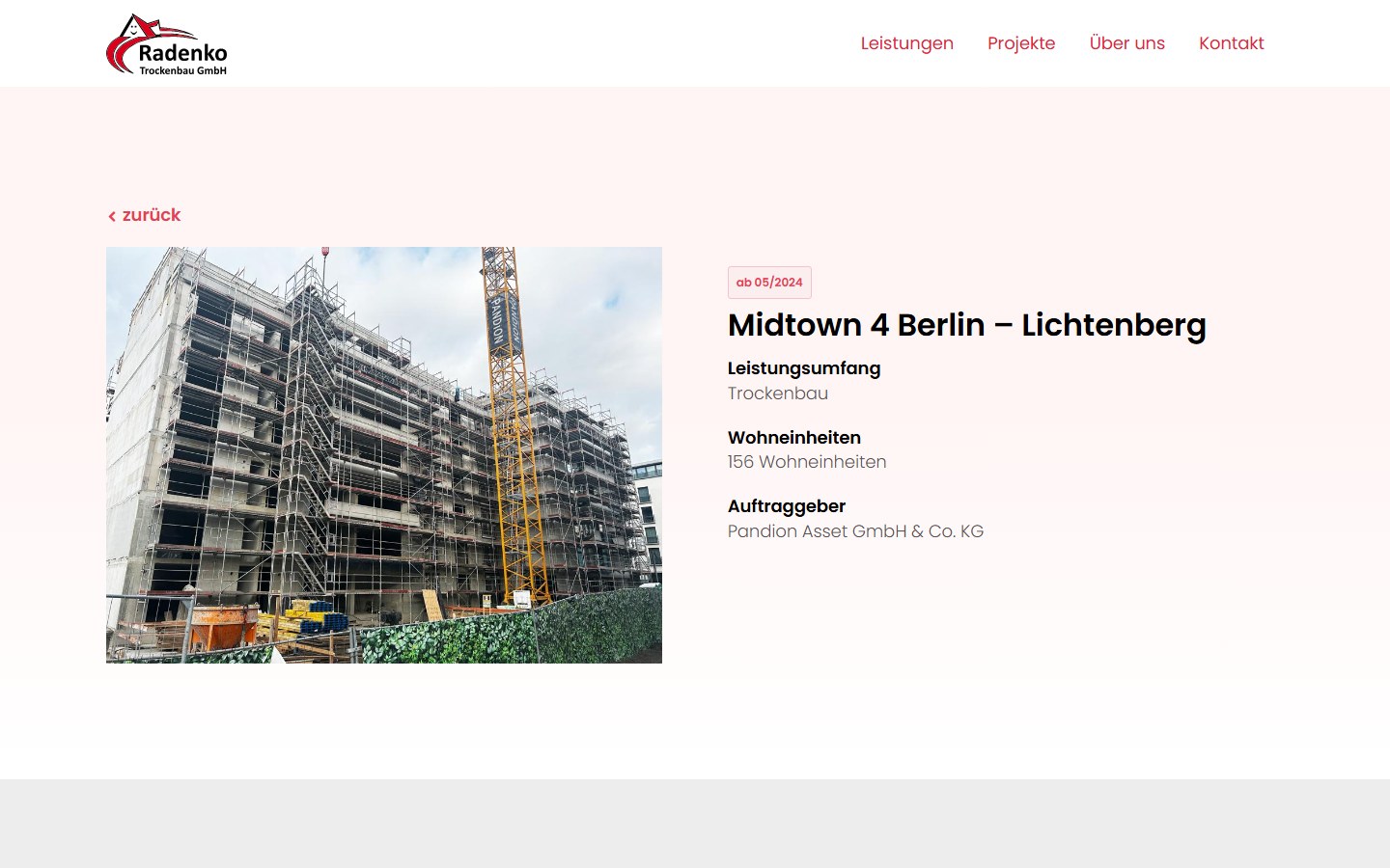 Website von Radenko Trockenbau GmbH – Desktopansicht: Midtown 4 Berlin