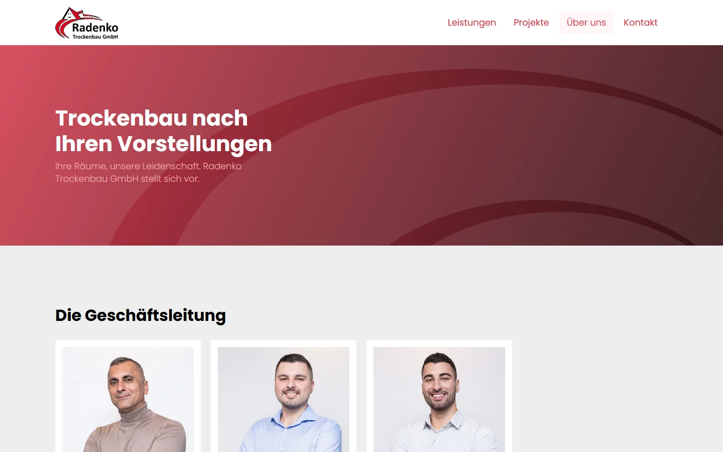Website von Radenko Trockenbau GmbH – Desktopansicht: Trockenbau nach Ihren Vorstellungen
