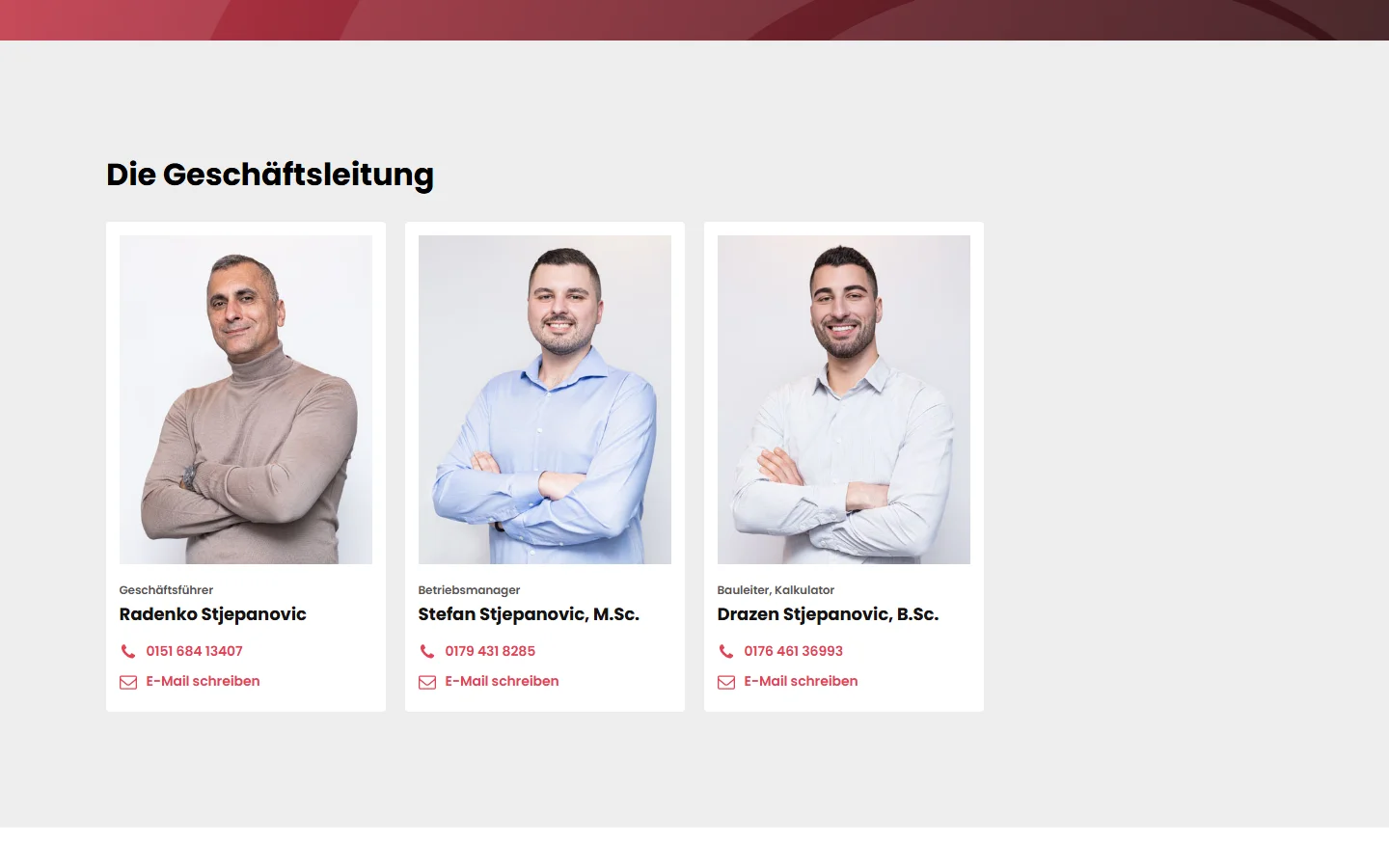 Website von Radenko Trockenbau GmbH – Desktopansicht: Die Geschäftsleitung