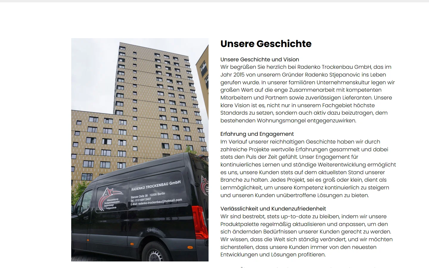 Website von Radenko Trockenbau GmbH – Desktopansicht: Unsere Geschichte