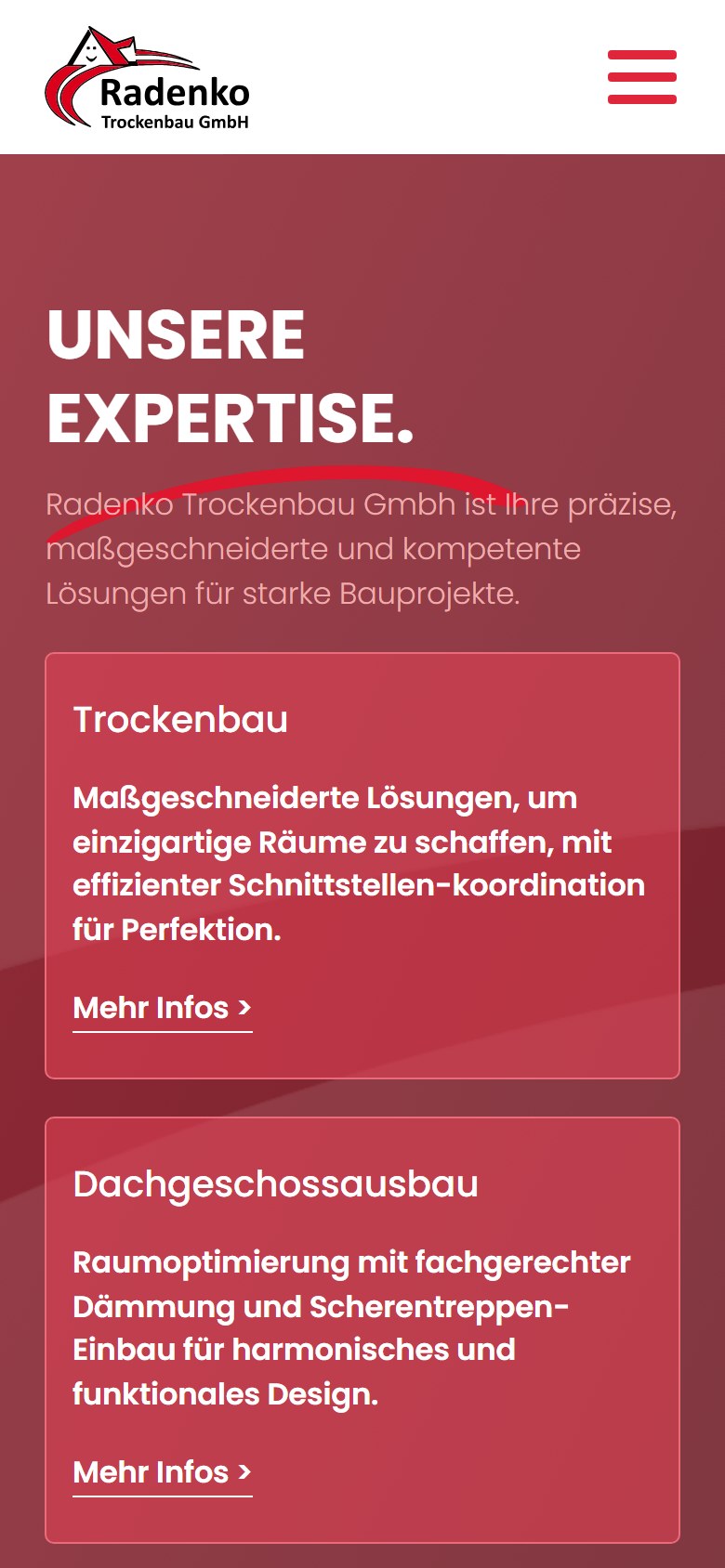 Website von Radenko Trockenbau GmbH – Handyansicht: Leistungen