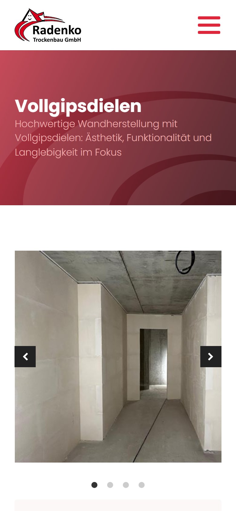 Website von Radenko Trockenbau GmbH – Handyansicht: Vollgipsdielen