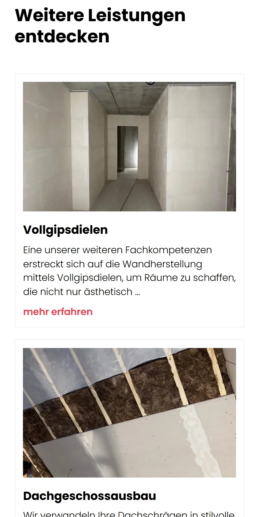 Website von Radenko Trockenbau GmbH – Handyansicht: Weitere Leistungen entdecken