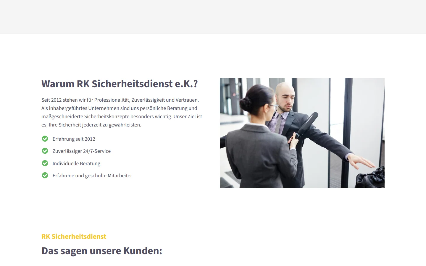 Website von RK Sicherheitsdienst e.K. – Desktopansicht: Warum RK Sicherheitsdienst e.K.?