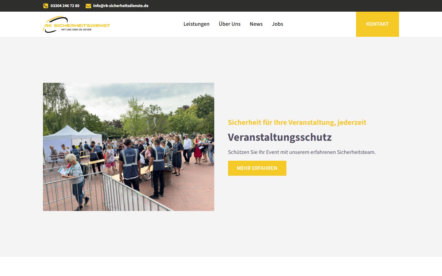 Website von RK Sicherheitsdienst e.K. – Desktopansicht: Professioneller Veranstaltungsschutz