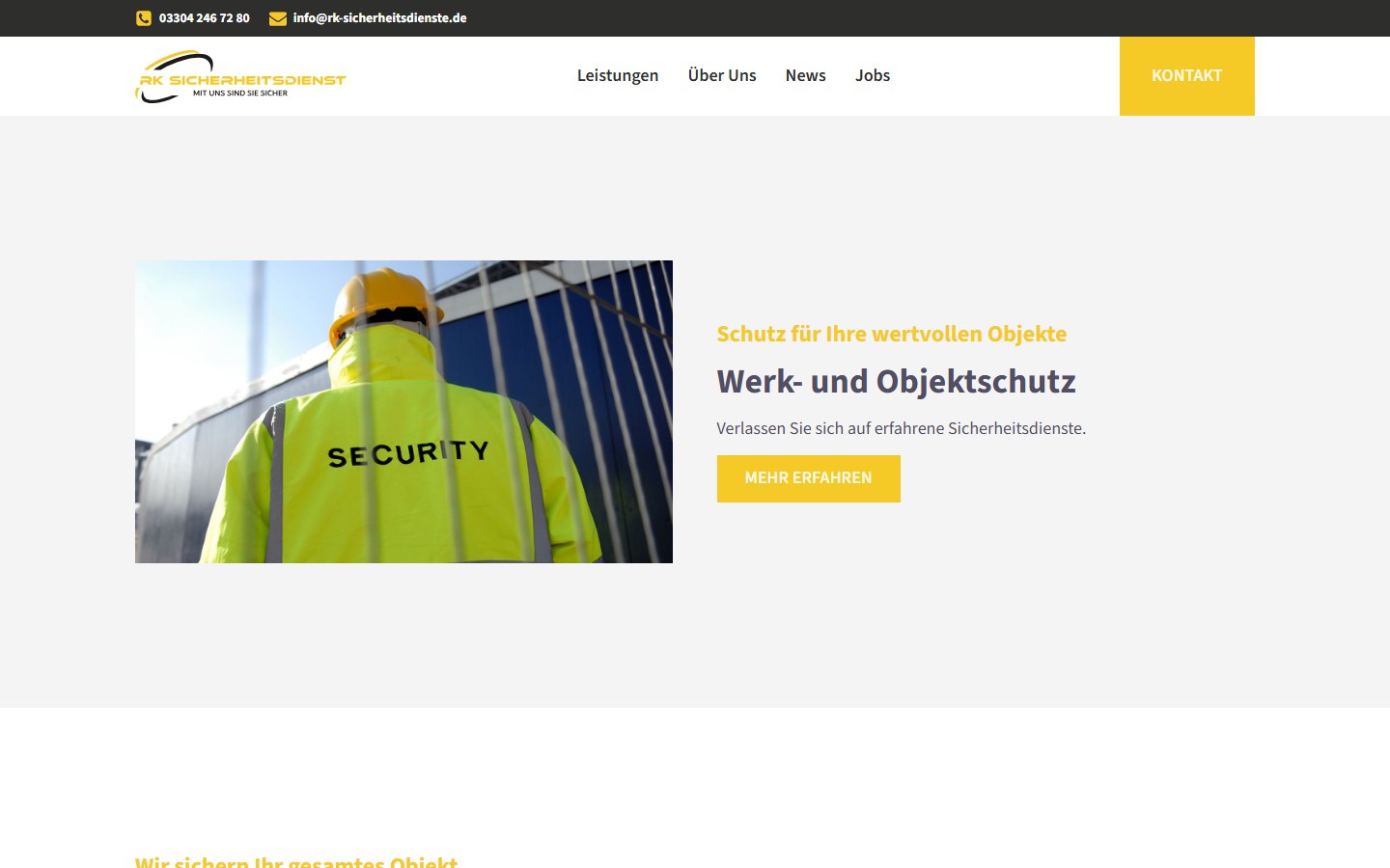 Website von RK Sicherheitsdienst e.K. – Desktopansicht: Werk- und Objektschutz