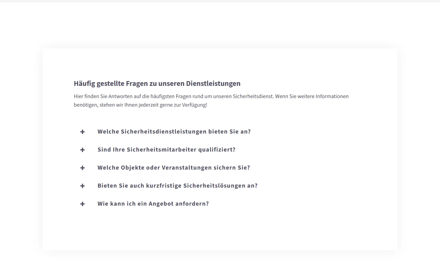 Website von RK Sicherheitsdienst e.K. – Desktopansicht: Häufig gestellte Fragen zu unseren Dienstleistungen