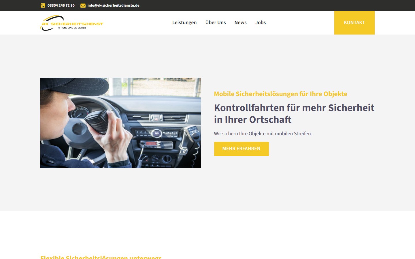 Website von RK Sicherheitsdienst e.K. – Desktopansicht: Sicherheitsfahrten & Interventionsdienst