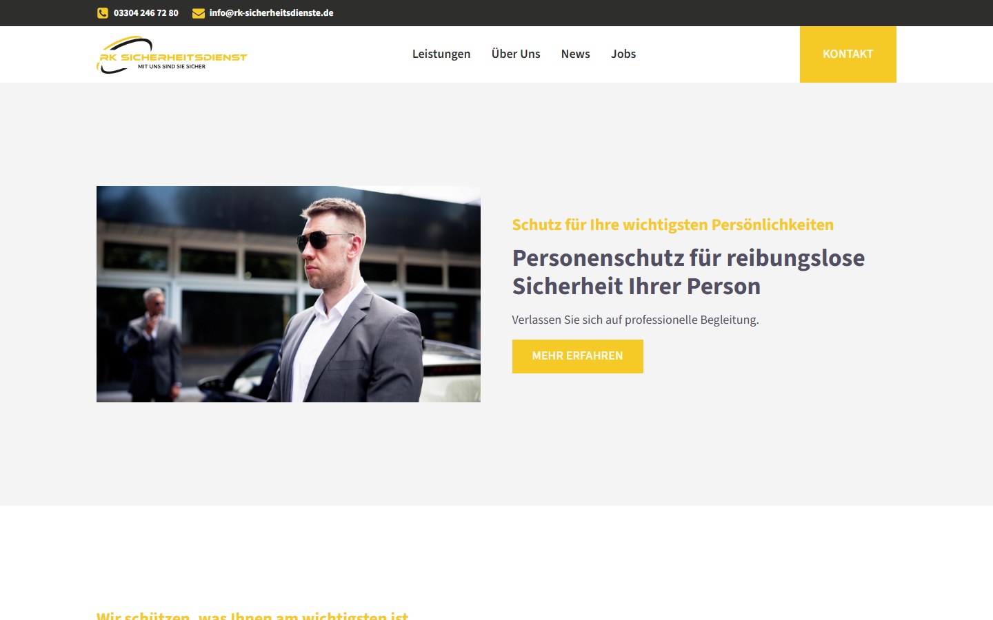Website von RK Sicherheitsdienst e.K. – Desktopansicht: Diskreter Personenschutz
